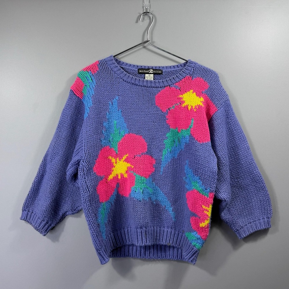 Vintage Michael 2 Carrie Sweater Womens Medium Purple Floral Dolman Chunky Knit